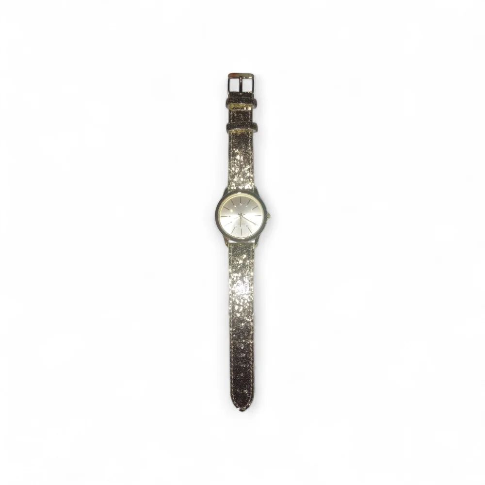 Gold Glitter Quartz Watch W Rhinestone On Face EUC
